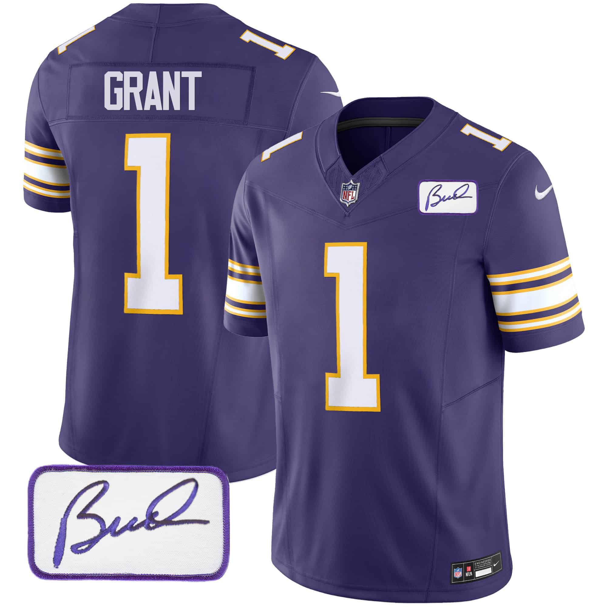 Men Minnesota Vikings 1 Grant Purple 2024 Nike Bud Grant Patch Classic Limited NFL Jersey style 1
